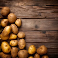 Potatoes harvest on wooden background, AI generation. Agriculture