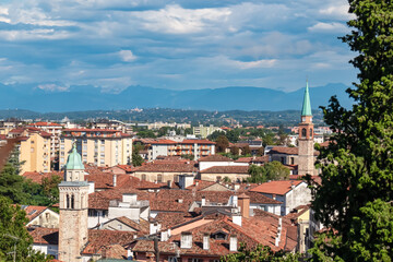 Aerial panoramic view of historic city of Udine, Friuli Venezia Giulia, Italy, Europe. Viewing...