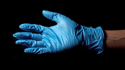 Blue surgical gloves on hand isolated on black, clipping.