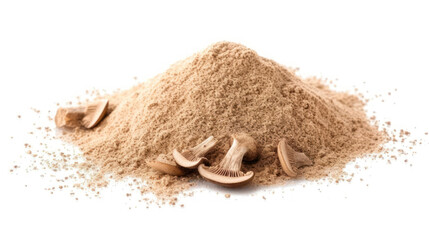Shiitake mushroom powder (Sh), pile isolated on white, side view.