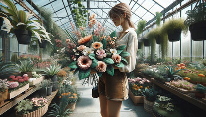 In a bright, spacious greenhouse filled with a variety of plants and flowers, a woman in a casual...