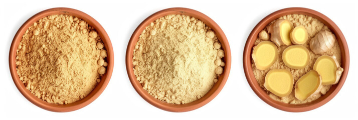 Set ginger powder, ground in clay pot isolated on white background, top view.