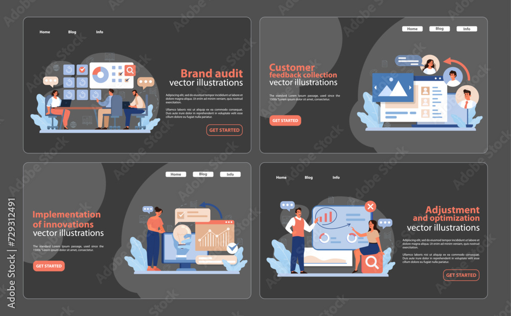 Poster rebranding process web illustrations. a collection of vector illustrations detailing a brand's audit