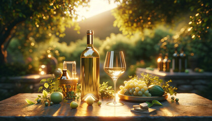 A scene set during the golden hour, with a shiny bottle of white wine and a crystal clear glass, half full, placed on a stone surface. Surround the scene with a lush green garden backdrop to ensure ev