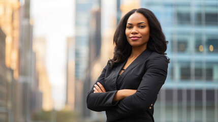 A businesswoman stands in the background of the city folding her arms and smiling