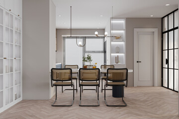 Classic minimal dining area designed with rustic-style seating with a dining table.
