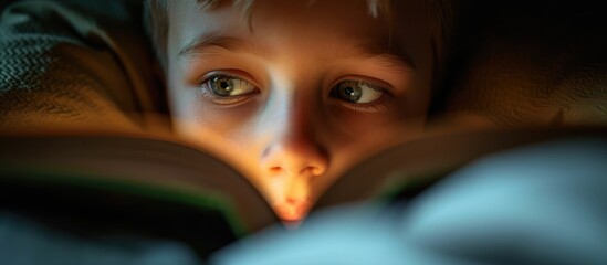 Boy reading bedtime story with the book close-up on his eyes. © The 2R Artificiality