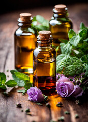 Obraz na płótnie Canvas herbal essential oils in bottles. Selective focus.