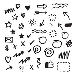 Abstract arrows, crowns, hearts, explosions and other elements in hand drawn style for concept design. Doodle illustration. Vector template for decoration