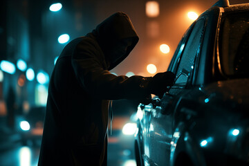 Robber breaks into a car on the street at night, carjacking