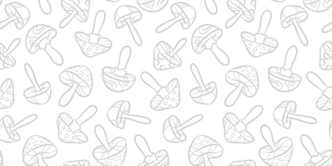 Vector mushroom line art pattern seamless wallpaper, hand drawn illustrations on white background