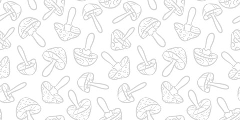 Vector mushroom line art pattern seamless wallpaper, hand drawn illustrations on white background