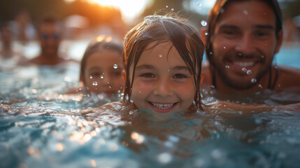 Happy family having fun in the pool.