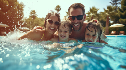 Happy family having fun in the pool. - obrazy, fototapety, plakaty
