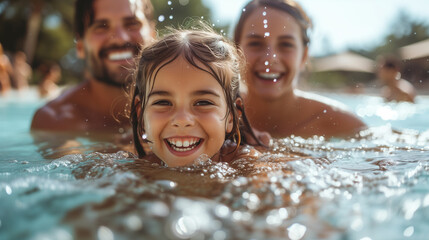 Obraz premium Happy family having fun in the pool.