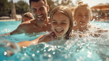 Happy family having fun in the pool.