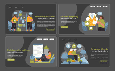 Upcycling Web Elements Set. This collection merges eco-consciousness with web design, featuring community workshops, fashion upcycling, digital platforms, and zero-waste lifestyles.