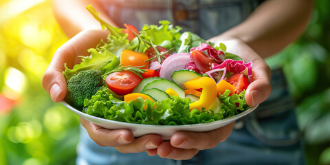 Hands Holding Salad Bowl: Hands Holding a Fresh Salad Bowl, with Colorful Vegetables and Dressing