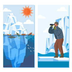 Glaciers vector illustration. Antarctic landscapes, with their glacial beauty, inspire reverence Icy floes and frozen expanses define stark allure polar regions Glaciers metaphorically embody essence