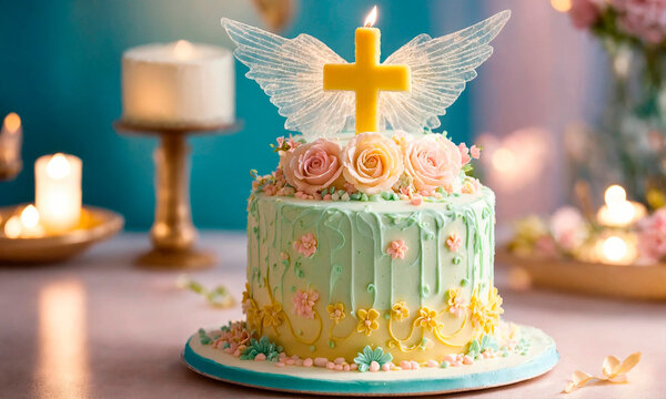 baby christening cake big. Selective focus.