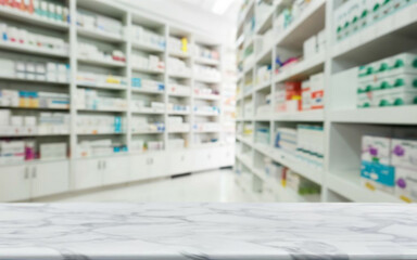 Reflections of Stillness: A White Marble Counter in Pharmacy Chaos