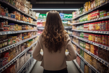 A woman stands poised amidst the aisles of a bustling supermarket, meticulously comparing products