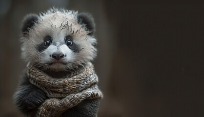 A small, fluffy baby panda with a textured scarf, on a dark background with a space for text