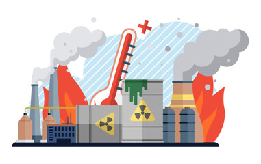 Obraz premium Global warming vector illustration. Dioxide, ghost haunting atmosphere, narrates story greenhouse gas and its impact Greenhouse gas, puppeteer climate change, pulls strings in theatrical performance