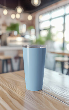 Blue tumbler on table, blurred cafe background, blank mock up for your design