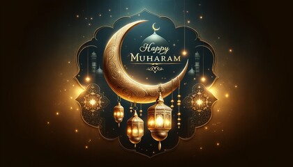 Muharram Islamic New Year celebration theme with golden crescent moon and bright lanterns emitting light