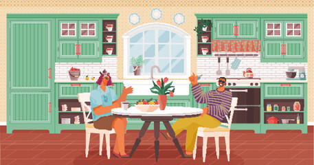 Kitchen interior vector illustration. Comfy and stylish furniture in kitchen and dining room fosters family unity Decoration and cookware in kitchen create warm and welcoming ambiance A well-designed