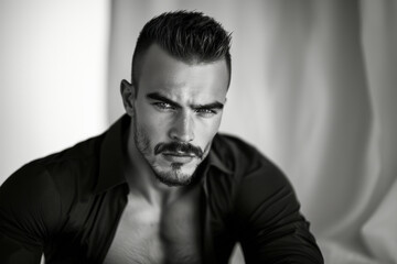 Fototapeta premium black and white handsome European male model with a mustache and beard. In a black shirt, barber concept