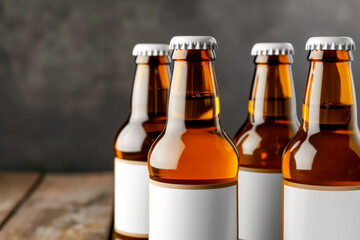 Four beer bottles mock up with white blank label, brown glass bottle mockup, party concept
