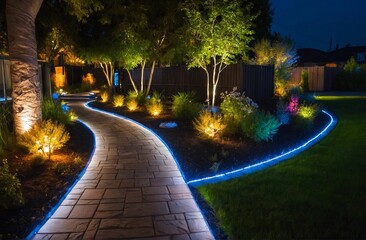 Modern gardening landscaping design with illuminated pathway and ambient lighting at night