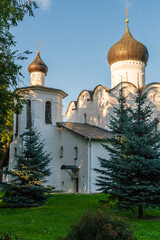 Pskov, Russia, September 6, 2023. View of St. Basil’s Church from a city street. - obrazy, fototapety, plakaty