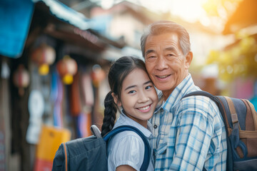 Obraz premium Grandfather and Granddaughter Adventure: A heartwarming portrait of a loving grandfather and his granddaughter, embracing in a bustling Asian marketplace