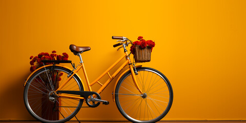 Yellow bicycle with flowers parked next to a yellow wall. Yellow tone.
