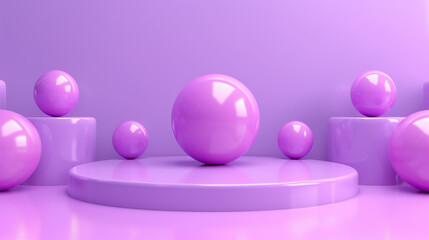 Purple glossy shiny balloons on purple background in flight levitation, 3D