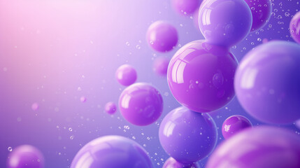 Purple glossy shiny balloons on purple background in flight levitation, 3D