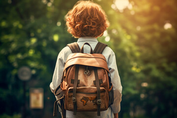 Unknown boy carries a bag in the town, back to school concept