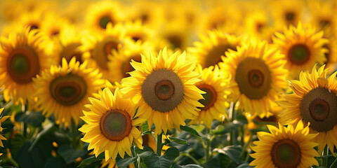 Fototapeta premium Yellow Summer Sunflowers: Field of Sunflowers in Full Bloom, Creating a Sea of Yellow