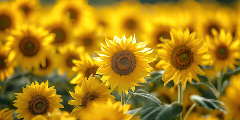 Obraz premium Yellow Summer Sunflowers: Field of Sunflowers in Full Bloom, Creating a Sea of Yellow