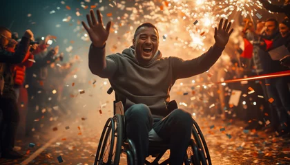 Schilderijen op glas Paralympic Games, disabled people compete in marathon, win long distance man cheers in wheelchair, athlete © Alina Zavhorodnii