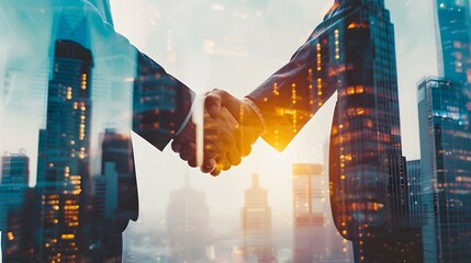 Double exposure of two businessman, handshake for investment deal during sunrise and urban skyscrapers  background.