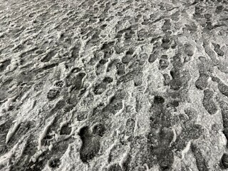 冬の雪の夜の道に残った足跡