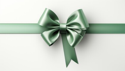 Green silk gift bow on white background, elegant decoration for gift giving, with copy space