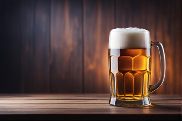 Mug of beer on a wooden background. Close-up.