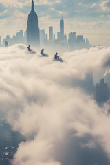 Fototapeta premium a closeup photo of people each sitting on their own cloud, cruising through the sky seen from a distance, you can see nyc skyline behind them far below in the distance, soft gentle colors