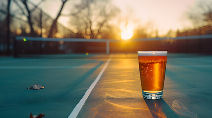 Cinematic wide angle photograph of a beer pint glass at a tennis court. Product photography. - obrazy, fototapety, plakaty