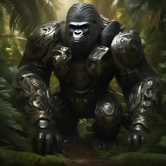 A Steampunk Mechanical Gorilla , Steampunk, gorilla, robot, gears, cogs, brass, AI generated